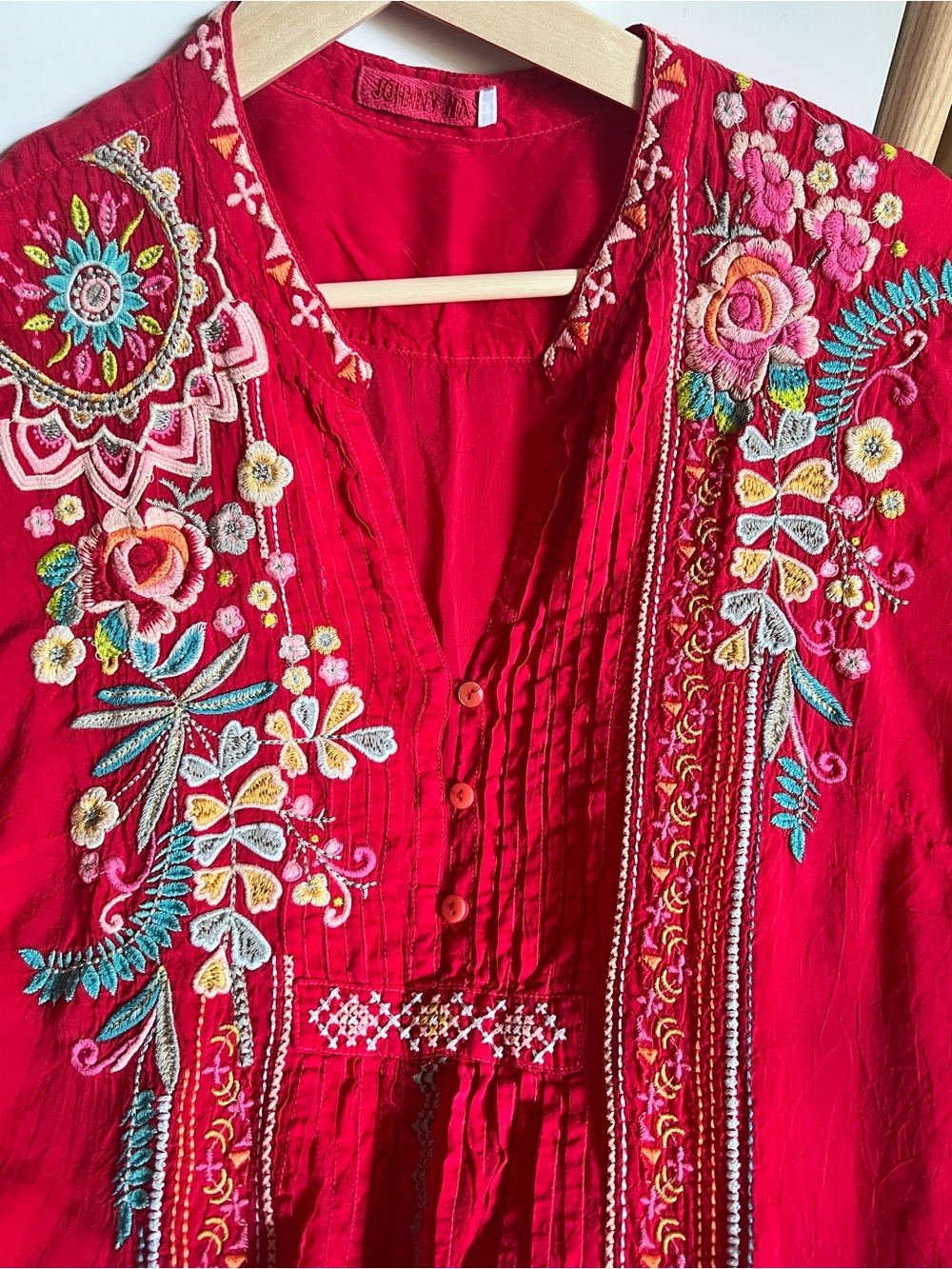 Johnny Was Red Embroidered Button Neck Tunic Blouse - Picture 11 of 13